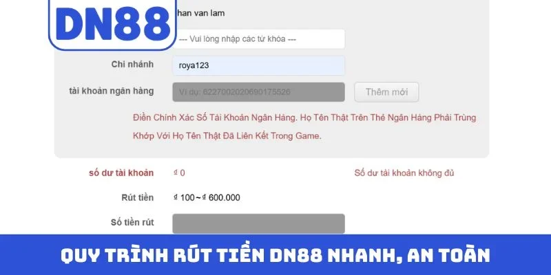 Quy trình rút tiền DN88 nhanh, an toàn